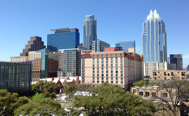 The Austin, Texas skyline on a sunny day.