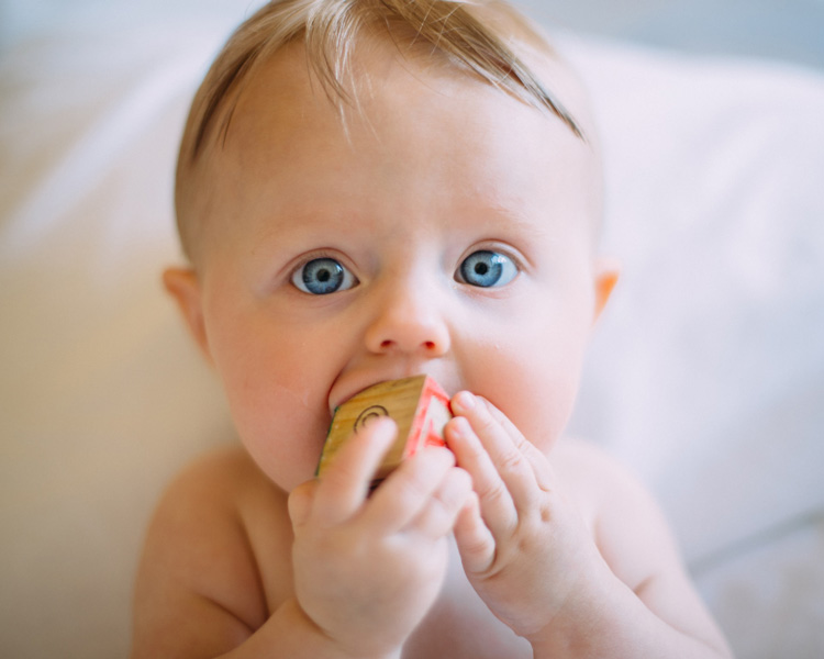 A blue-eyed baby chews on a block